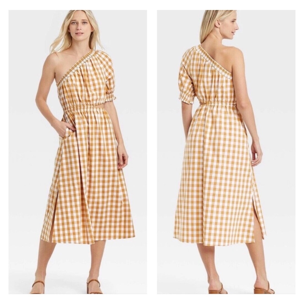 Who What Wear Women's Puff Short Sleeve Cut Out Dress Yellow Gingham Check‎ SZ L